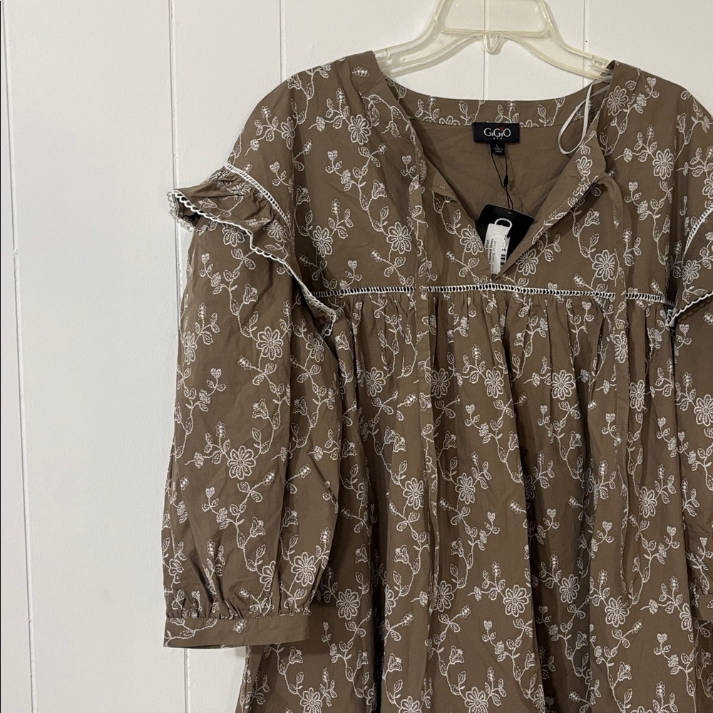 Gigio Vintage Floral Print Ruffle Sleeve Embroidered Dress Size L NWT‎ - Picture 11 of 14